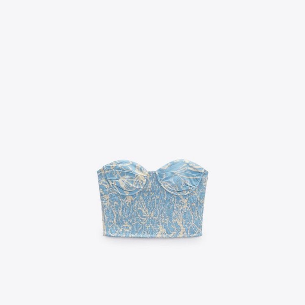 Zara Blue and Cream Embellished Bustier Crop Top